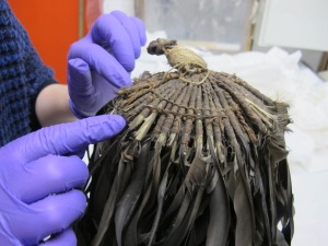 Close up of the top of the headdress showing the plant fibre bindings which secure the feathers in place. The structure underneath the feathers is made of barkcloth and there is a barkcloth wrapping around the upper knot of the headdress.